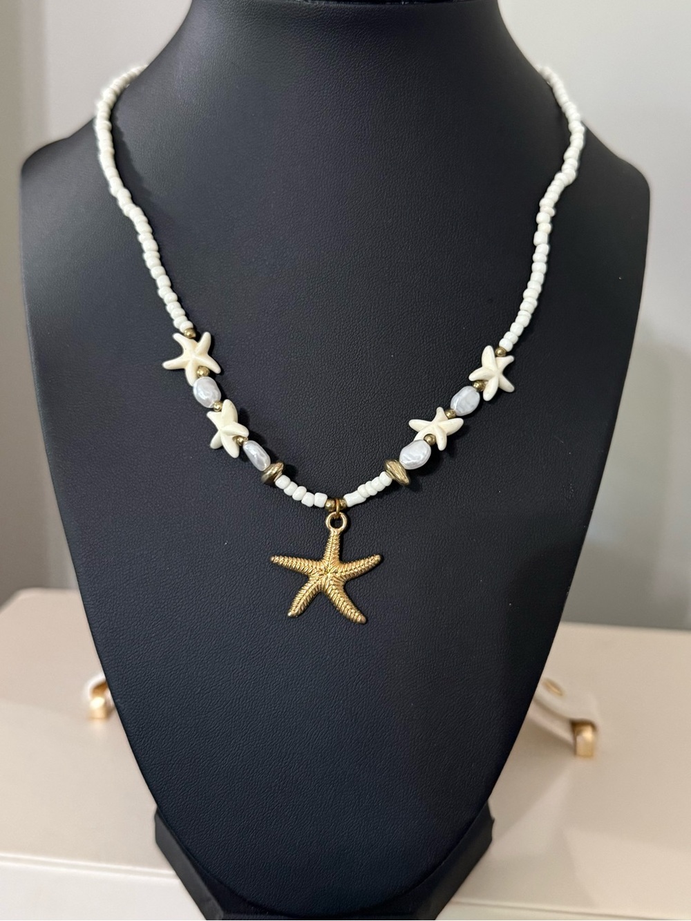 Gold Starfish Pendant and fresh water pearl Beaded Necklac